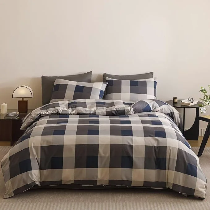 Eco-Friendly Cottonight Checkered Blue Comforter Set Full Gingham Grid Bedding Set Navy and Khaki Grid Comforter Fluffy Soft Bedding Set Kids Teens Full Comforter with 2 Pillowcases Original