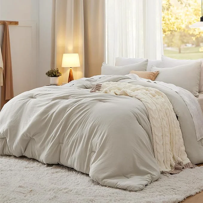 World-Class Bedsure Oversized Queen Comforter Set Beige Soft Prewashed Bedding for All Seasons 3 Pieces GentleSoft™ Bed Set 1 Lightweight Comforter 98 quot x98 quot and 2 Pillowcases 20 quot x26 quot Fine