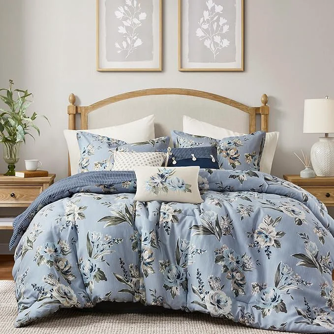 Natural Madison Park King Comforter Set Vintage Floral Reversible Comforter All Season Down Bedding Comforter Bedskirt Pillows Shams Salara King Blue 7 Piece Premium Material