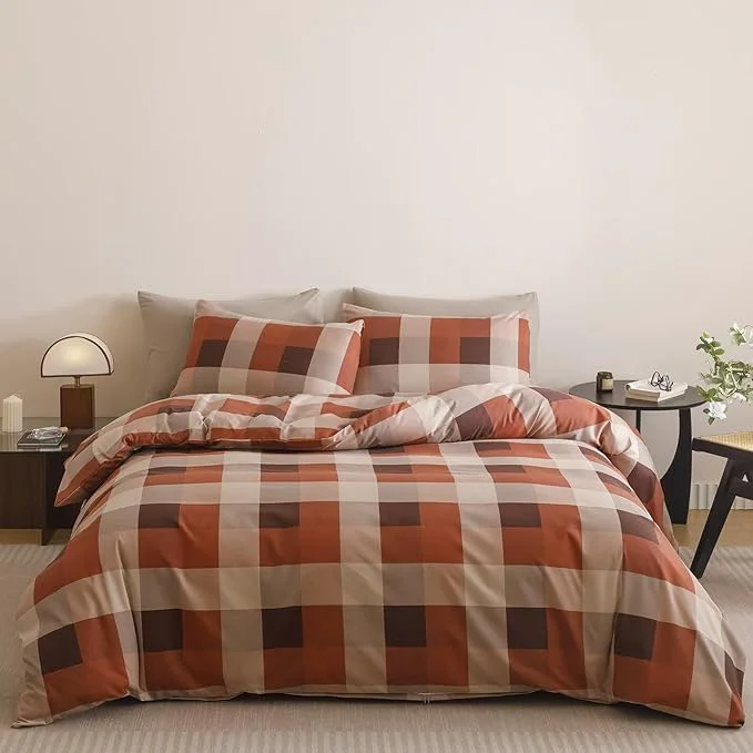 Official Cottonight Checkered Red Comforter Set Cal King Gingham Grid Bedding Set Red and Khaki Grid Comforter Fluffy Soft Blanket Quilts Modern Cottagecore Comforter California King Bed Elegant