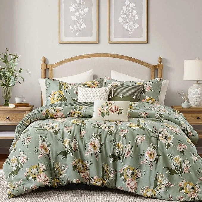 Specialty Madison Park Vintage Floral Reversible Comforters King Size Bed All Season Down Bedding Comforter Bedskirt Pillows Shams Salara Queen Green 7 Piece Reversible Enhanced