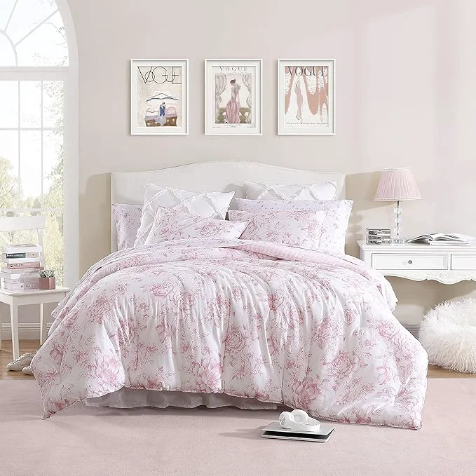 Easy-to-Use Laura Ashley - Twin XL Comforter Set Reversible Cotton Bedding for Year Round Use 2 Piece Coquette Bed Set with Matching Pillowcase Delphine Mauve Pink Pure