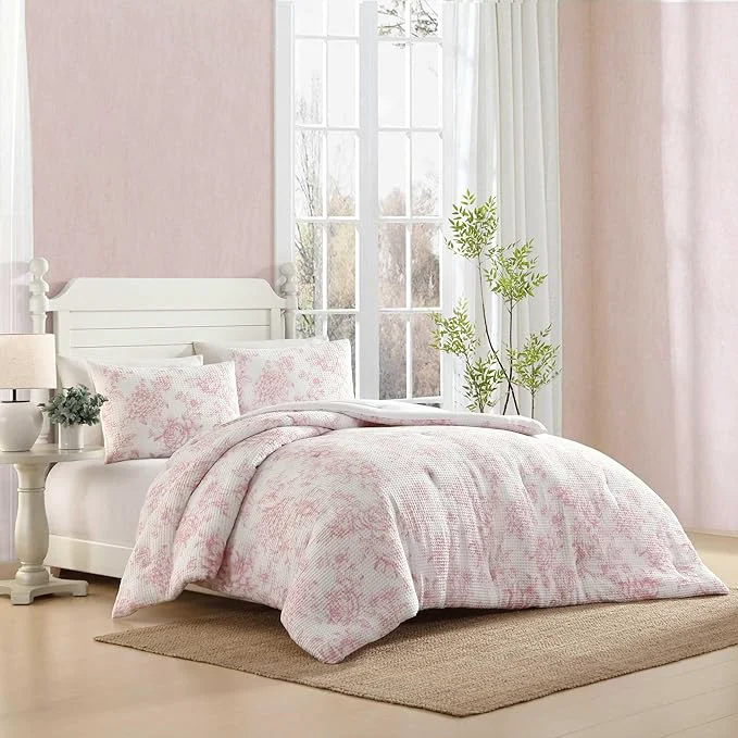 Genuine Laura Ashley - Comforter Set Soft Poly Waffle Textured Bedding with Matching Sham Delicate Floral Design Delphine Pastel Pink Twin Environmentally Friendly