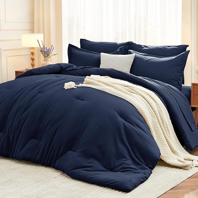 Superior MUXHOMO 7 Pieces Queen Comforter Set Soft Bed in a Bag Queen Size All Season Bedding Set with Comforter Flat Sheet Fitted Sheet Pillowcases amp Shams Navy Blue Premium Material