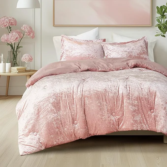Official Comfort Spaces Juliette Luxe Comforter Set Velvet Lush with Soft Brushed Microfiber Reverse All Season Cozy Velvet Bedding Sets Fluffy Comforter Bed Set Matching Sham Blush King 3 Piece Outstanding