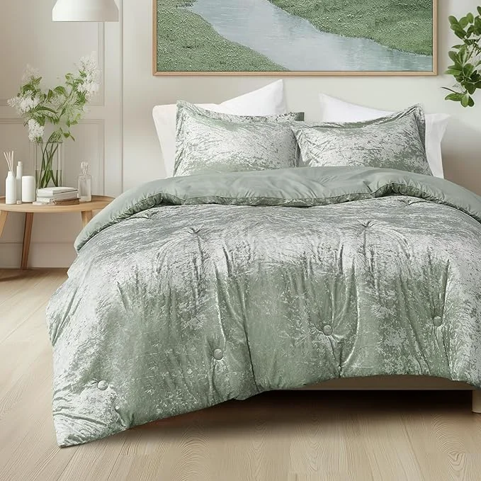Stylish Comfort Spaces Luxe King Comforter Set - Velvet Microfiber Reverse Juliette All Season Bedding Fluffy Sham Sage Green 3 Piece Versatile
