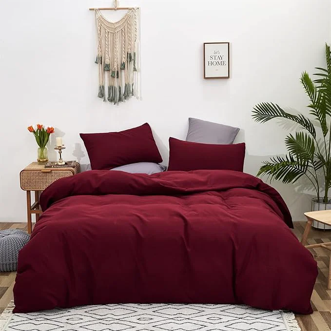 Detailed Cottonight Dark Red Comforter King Burgundy Bedding Chic Modern Wine Red Blanket Quilt Breathable Cotton Modern Solid Blackish Red Comforter Set for Women Men King Bed Sustainable