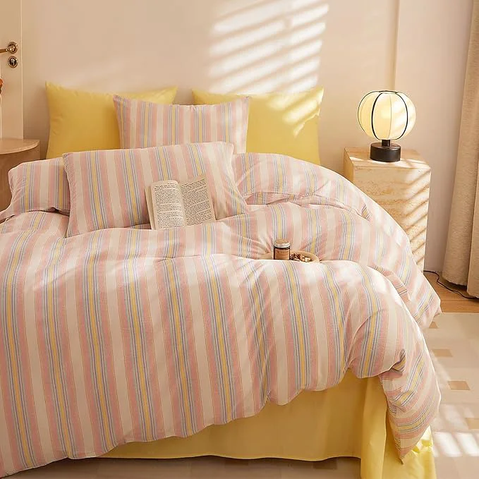 Comfortable HighBuy Full Comforter Set 3 Pieces Pink Striped Comforter Set Geometric Stripes Printed Bedding Comforter for Boys Girls Fluffy Soft Lightweight Striped Bedding Set Full Relaxed