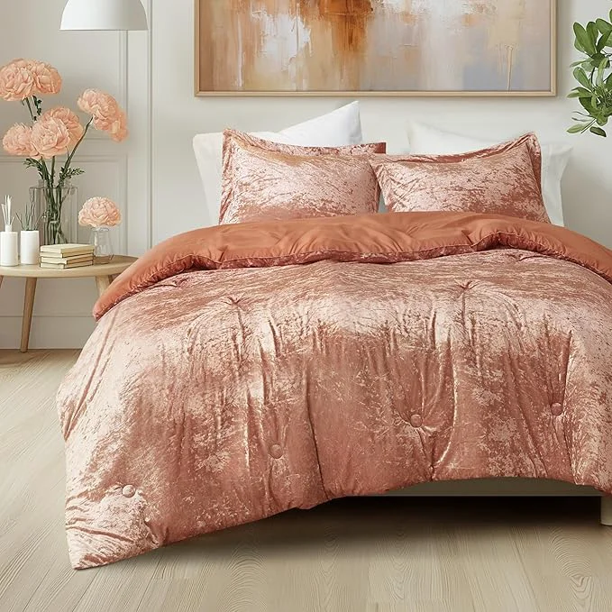 Artisan Comfort Spaces Luxe Velvet Comforter Set - King Size Microfiber Reverse Juliette All Season Fluffy Bed Set Sham Burnt Orange 3 Piece Refined