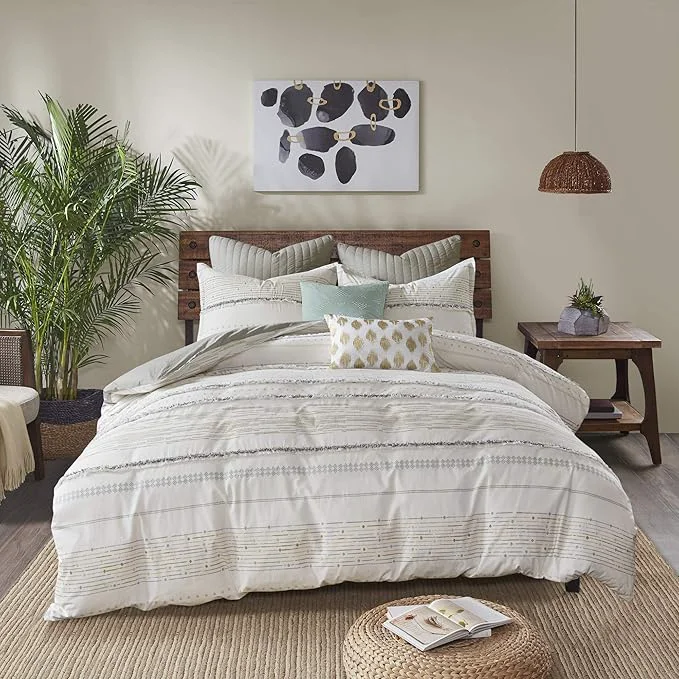 Luxury INK IVY Luxurious Cotton-Bedding Set - Mid Century Trendy Geometric Design All Season Cozy-Cover With Matching-Shams King Cal King Nea Trims Grey Multi Versatile