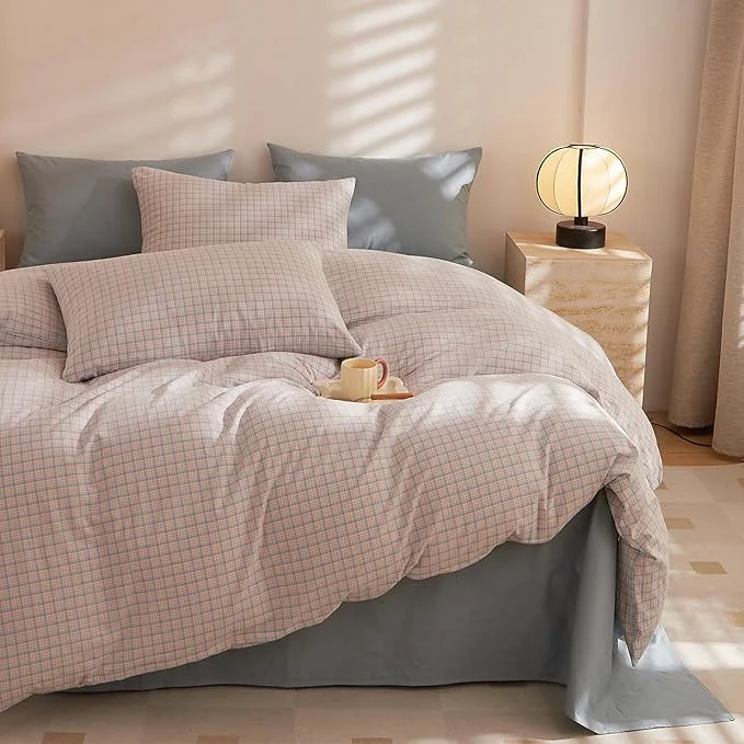 Reusable HighBuy Gingham Comforter Set Full Modern Pink Blue Plaid Checkered Pattern Comforter Soft Fluffy Gingham Bedding Set Lightweight Chic Grid Bedding Comforter Farmhouse for Teen Girls Dependable