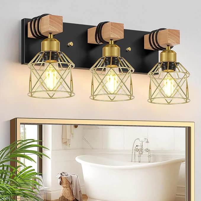 Detailed FadimiKoo Black and Gold Vanity Light 3-Light Farmhouse Vanity Light Bathroom Sophisticated