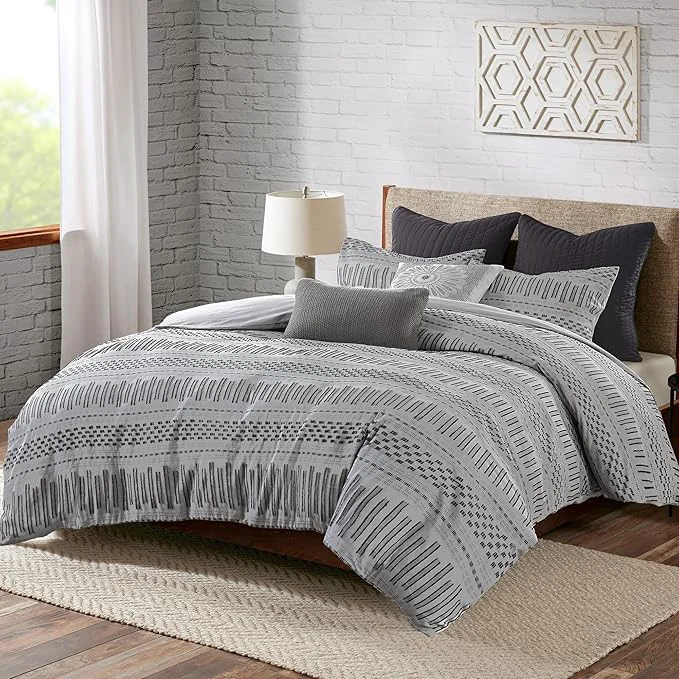 Breathable INK IVY Luxurious Cotton-Bedding Set - Mid Century Trendy Geometric Design All Season Cozy-Cover With Matching-Shams Full Queen Rhea Jacquard Grey Black Advanced