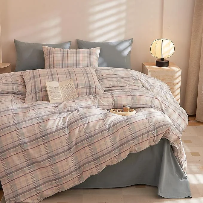 Original HighBuy Pink Blue Gingham Comforter Set Queen Modern Grid Plaid Bedding Comforter with 2 Pillowcases Soft Fluffy 3 Pieces Checkered Pattern Comforter Set Farmhouse Gingham Bedding Set Recyclable