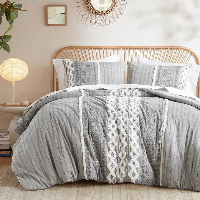 Solid INK IVY Imani Cotton Duvet Mid Century Modern Design All Season Comforter Cover Bedding Set Matching Shams King Cal King Gray Chenille Tufted Accent 3 Piece User-Friendly