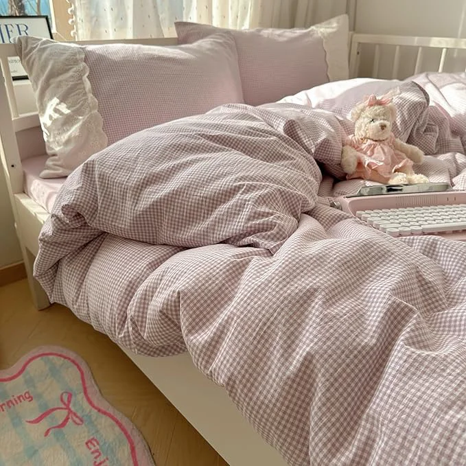 Lightweight HighBuy Purple Plaid Comforter Set King Size 3 Pieces Grid Gingham Bedding Comforter with Lace Ruffles Fluffy Comfy Grid Checkered Pattern Comforter with 2 Pillowcases Gingham Bedding Set Optimized