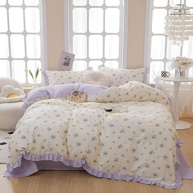 Quality HighBuy Lavender Floral Comforter Set Full Princess Girl Ruffle Bedding Comforter Sets Farmhouse Coquette Cottagecore Bedding Set 1 Flower Comforter with 2 Pillowcases for All Seasons Fine