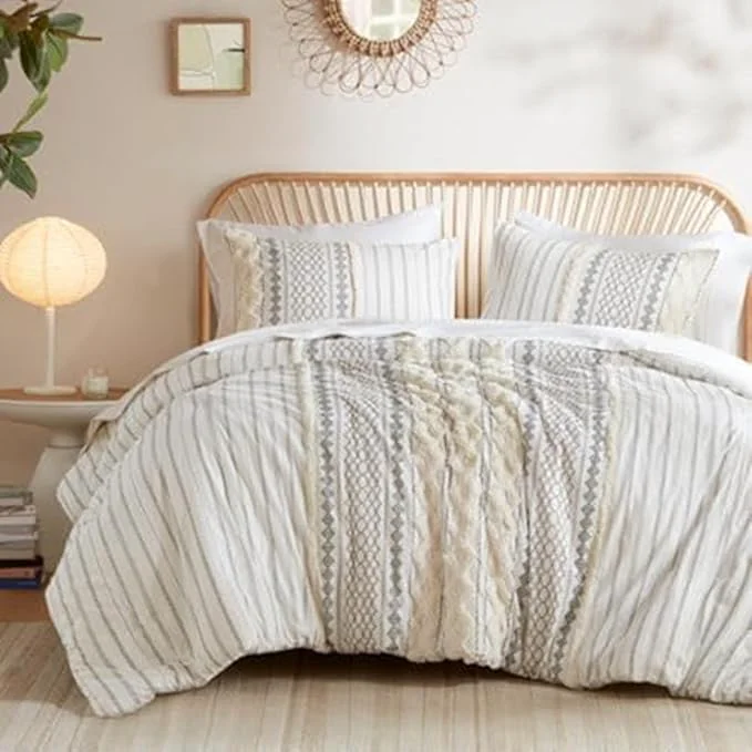Top-Quality INK IVY Comforter for Queen Size Bed Chenille Tufted Breathable Cotton Comforter Set Queen All Season Modern Boho Comforter with Farmhouse Bedding Flare 2 Matching Shams Queen Ivory 3 Piece Fashionable