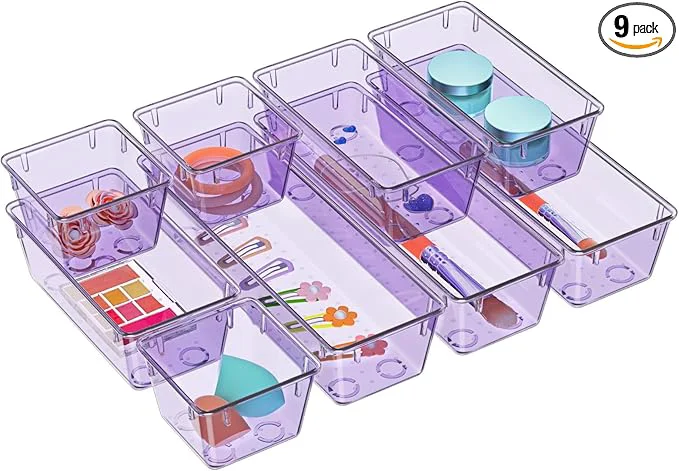 Elegant WOWBOX 9 Pack Clear Drawer Organizer Set Acrylic Drawer Storage Trays Professional