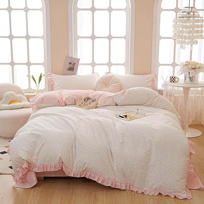 Solid HighBuy Flower Comforter Set Queen Size Coquette Romantic Comforter Fluffy Girl Lace Bedding Comforters Soft Ruffle Floral Comforter Set 1 Ruffled Comforter with 2 Pillowcases for All Season Minimalist