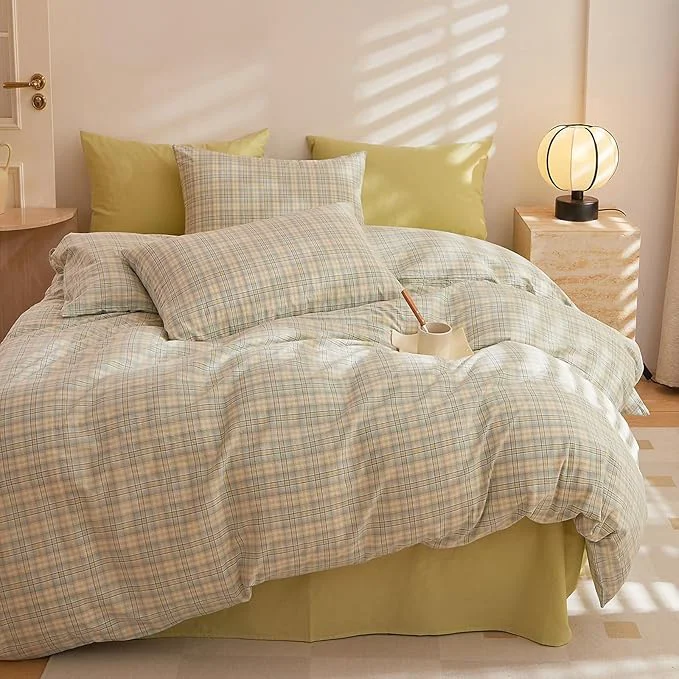 Long-Lasting HighBuy Queen Comforter Set 3 Pieces Green Grid Plaid Comforter Set Checkered Comforter with 2 Pillowcases Modern Lightweight Boho Bedding Comforter Geometric Gingham Fluffy Comforter Set Flexible