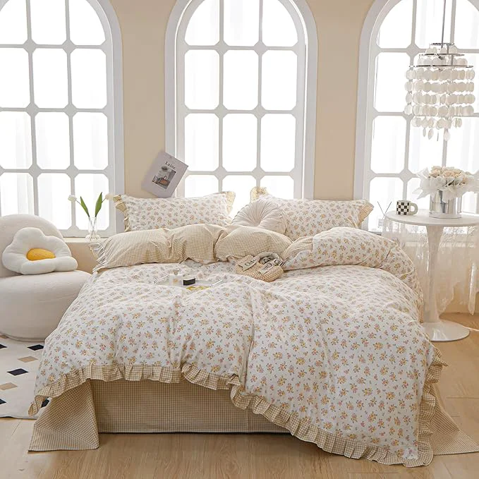 High-Performance HighBuy Ruffle Lace Comforter Set Queen Coquette Cottagecore Floral Bedding Comforter Set with 2 Lace Ruffles Pillowcases Cozy Soft Shabby Chic Yellow Pink Flower Bedding Comforters for Women Girls Next-Generation