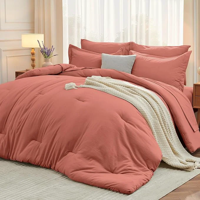 Advanced MUXHOMO 7 Pieces Full Comforter Set Soft Bed in a Bag Full Size All Season Bedding Set with Comforter Flat Sheet Fitted Sheet Pillowcases amp Shams Coral Red Clean