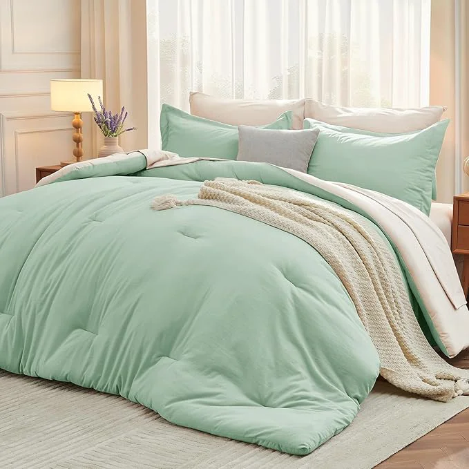 Genuine MUXHOMO 7 Pieces Queen Comforter Set Soft Bed in a Bag Queen Size All Season Bedding Set with Comforter Flat Sheet Fitted Sheet Pillowcases amp Shams Sage Green amp Beige Fashionable