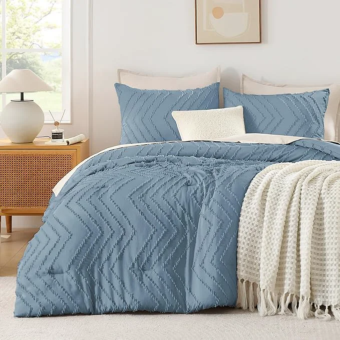 Casual Andency Greyish Blue Comforter Set Full Size Boho Soft Warm Tufted Bedding Comforter Sets for Full Size Bed 3 Pieces Aesthetic Chevron Farmhouse Cute Bohemian Textured Bed Set Expertly Made