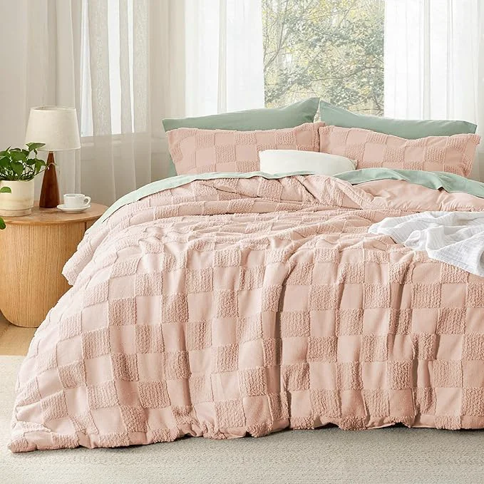 Consistent Bedsure Queen Size Comforter Set Dusty Rose Boho Tufted Bed Set Checkered Farmhouse Shabby Chic Bedding 3 Pieces 1 Plaid Geometric Comforter and 2 Pillow Shams Premium