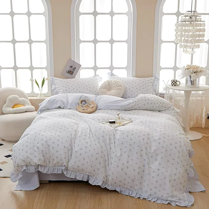 Modern HighBuy Blue Flower Comforter Set Queen Romantic Girls Lace Comforter Fluffy Coquette Botanical Bedding Comforter Set Stripes 1 Lace Ruffled Comforter with 2 Pillowcases Lightweight All Season Selected