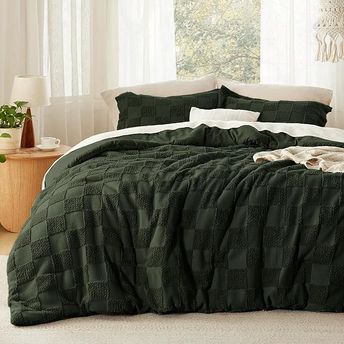 Quality Bedsure King Size Comforter Set Dark Olive Green Boho Tufted Bed Set Checkered Farmhouse Shabby Chic Bedding 3 Pieces 1 Plaid Geometric Comforter and 2 Pillow Shams Relaxed