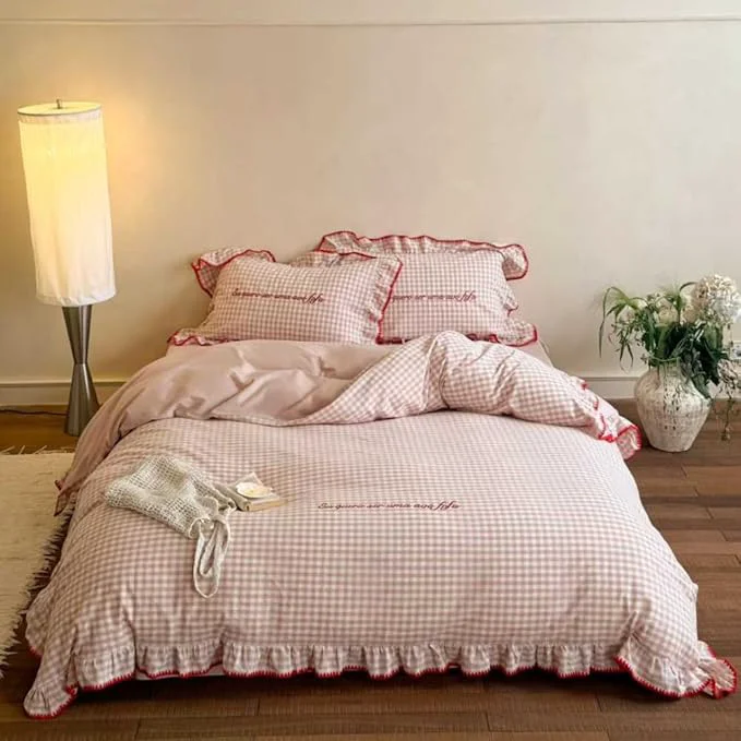 Verified CRUSHIMO Morning Mist Gingham Washed Cotton Duvet Cover Set - Shabby Chic Gingham Plaid Bedding with Ruffle Trim amp Triangle Stitching - Ultra Soft Breathable Comforter Cover Blush Milk Queen Comfortable