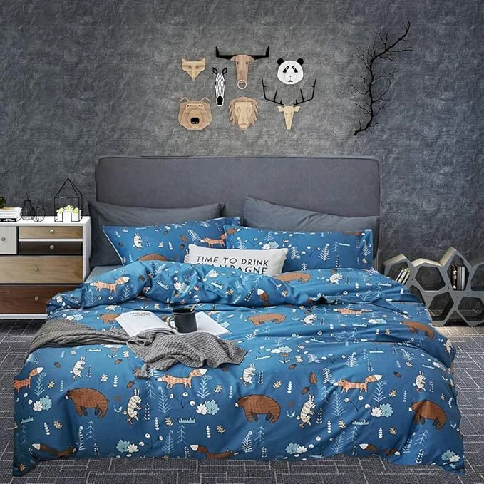 Superior Houseri Blue Bear Comforter Sets Queen Boys Cartoon Bear Comforter Full Fox Rabbit Animal Bedding Sets Queen Teens Woodland Forest Comforter Sets Full Size 3 Piece Quilts Soft Official