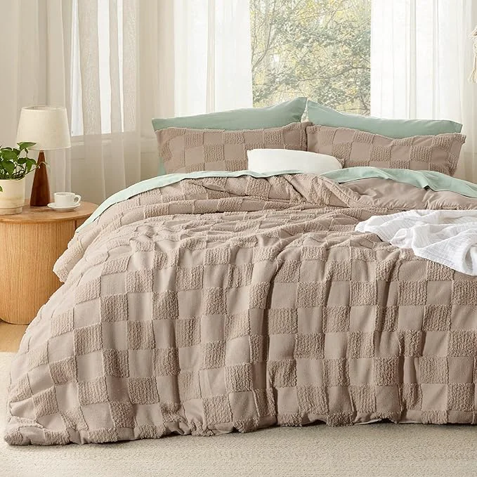 Functional Bedsure Queen Size Comforter Set Khaki Boho Tufted Bed Set Checkered Farmhouse Shabby Chic Bedding 3 Pieces 1 Plaid Geometric Comforter and 2 Pillow Shams Original Design