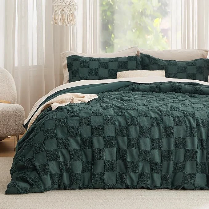 Soft Bedsure King Size Comforter Set Emerald Boho Tufted Bed Set Checkered Farmhouse Shabby Chic Bedding 3 Pieces 1 Plaid Geometric Comforter and 2 Pillow Shams Official
