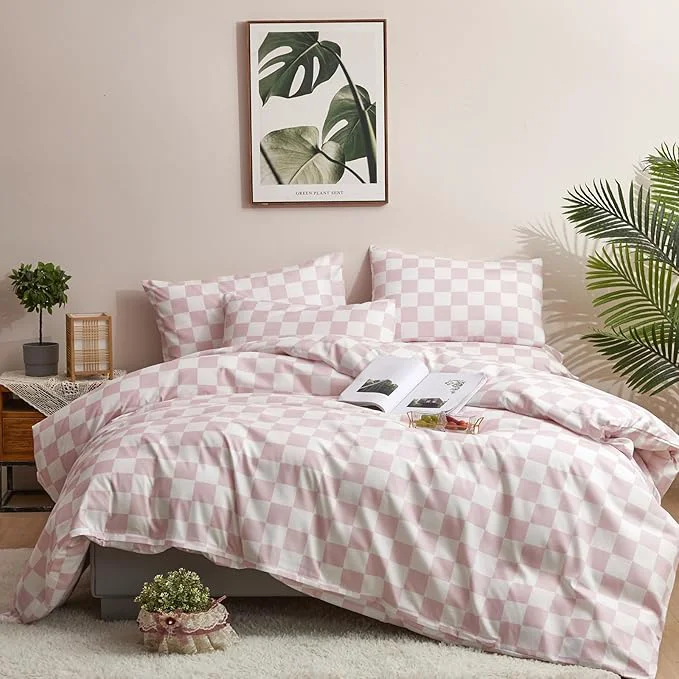 Pure Houseri White Plaid Comforter Set - Twin Size Girls amp Boys Pink Grid amp Checkerboard Pattern Soft amp Comfy for Kids amp Dorm Beds Responsible