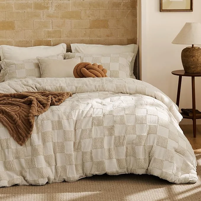 High-Grade Bedsure Full Size Comforter Set Beige Boho Tufted Bed Set Checkered Farmhouse Shabby Chic Bedding 3 Pieces 1 Plaid Geometric Comforter and 2 Pillow Shams Reliable