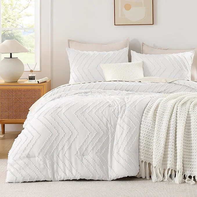 Fine Crafted Andency White Oversized King Comforter Set 120x98 Boho Oversize King Soft Warm Tufted Bedding Comforter Sets 3 Pieces Aesthetic Chevron Farmhouse Cute Bohemian Textured Bedding Set Classic