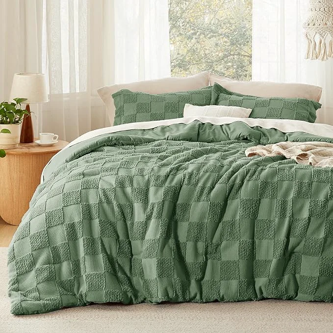 Functional Bedsure King Size Comforter Set Green Boho Tufted Bed Set Checkered Farmhouse Shabby Chic Bedding 3 Pieces 1 Plaid Geometric Comforter and 2 Pillow Shams Pure