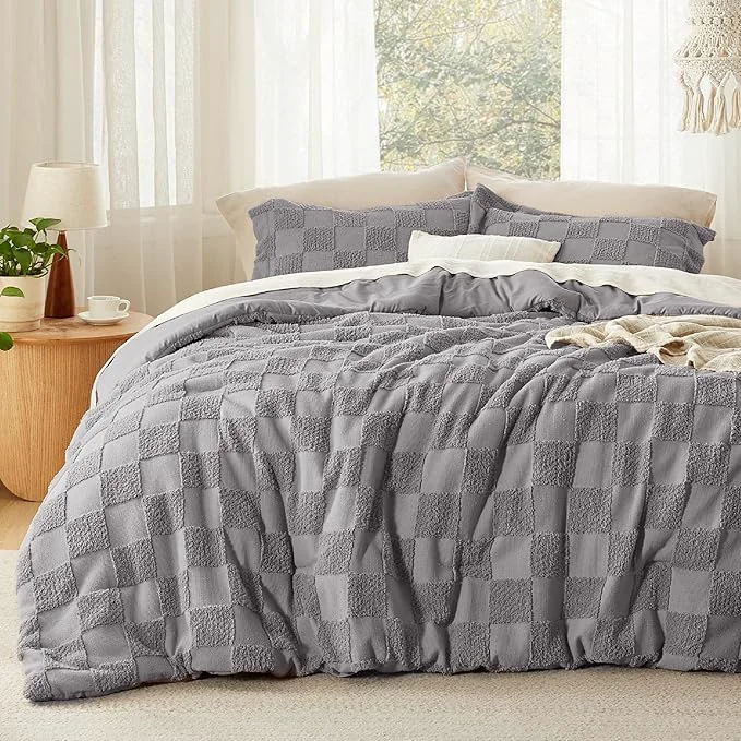 Durable Bedsure King Size Comforter Set Grey Boho Tufted Bed Set Checkered Farmhouse Shabby Chic Bedding 3 Pieces 1 Plaid Geometric Comforter and 2 Pillow Shams Specialty
