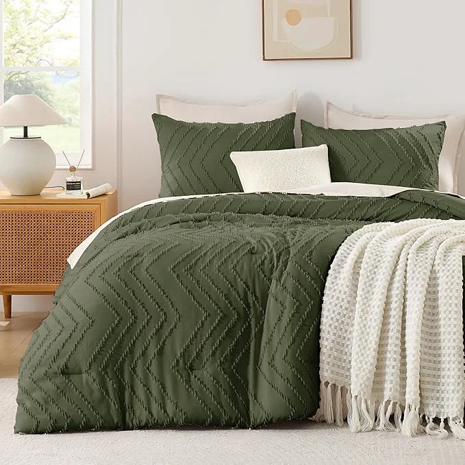 Superior Andency Olive Green Comforter Set King Size Boho Soft Fluffy Warm Lightweight Bedding Comforter Sets for King Bed 3 Pieces Chevron Tufted Aesthetic Microfiber Lightweight Comforter Set Original
