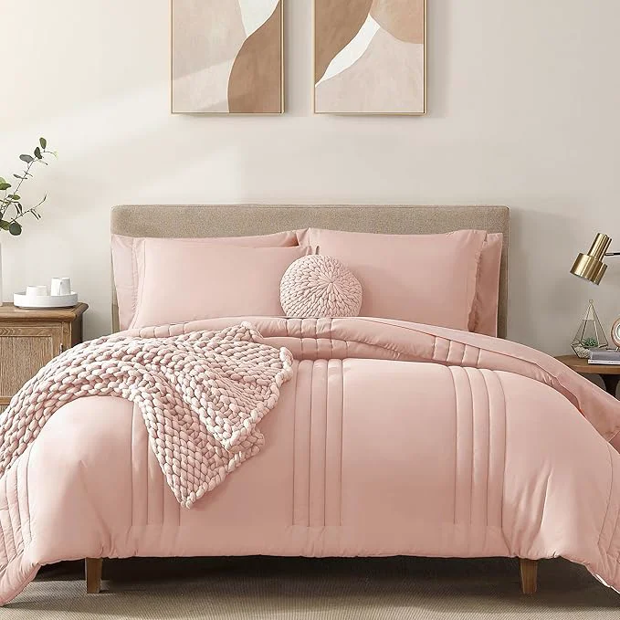 Efficient Monbix Queen Comforter Set - 7 Pieces Light Pink Bed in a Bag Queen Bedding Sets with Comforters All Seasons Comforter Bed Set with Sheets Pillowcases amp Shams Convenient