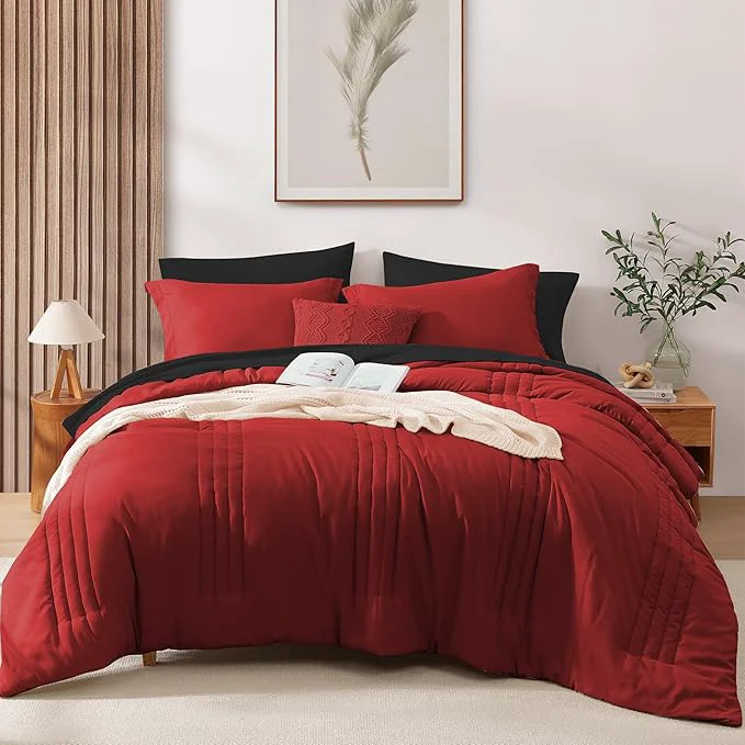 Prestigious Monbix Queen Comforter Set - 7 Pieces Bright Red Bed in a Bag Queen Bedding Sets with Comforters All Seasons Comforter Bed Set with Sheets Pillowcases amp Shams Easy-to-Use