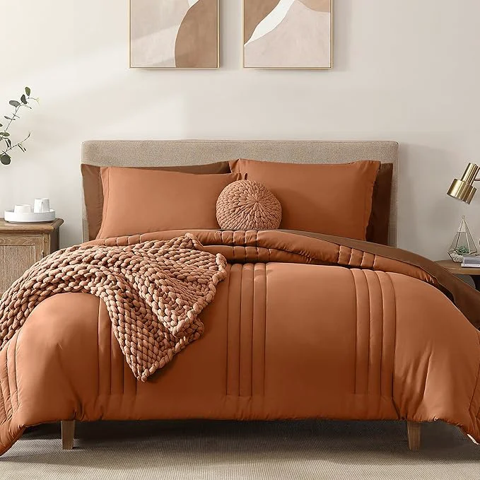 Verified Monbix Queen Comforter Set - 7 Pieces Burnt Orange Bed in a Bag Queen Bedding Sets with Comforters All Seasons Comforter Bed Set with Sheets Pillowcases amp Shams Expertly Made