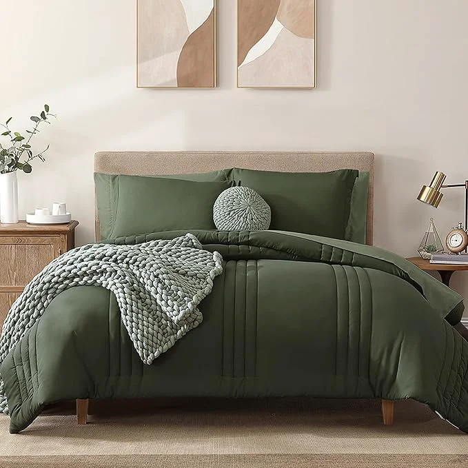Crafted Monbix King Size Comforter Set - 7 Pieces Bed in a Bag King Olive Green Bedding Sets with Comforter All Seasons Comforter Bed Set with Sheets Pillowcases amp Shams First-Class