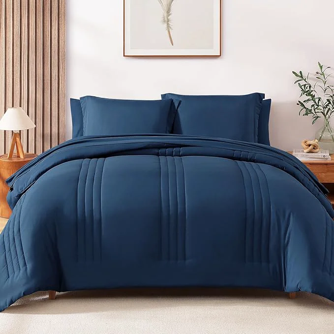 Traditional Monbix King Size Comforter Set - 7 Pieces Serenity Blue Bed in a Bag King Size Bedding Sets with Comforters All Seasons Comforter with Sheets Pillowcases amp Shams Durable