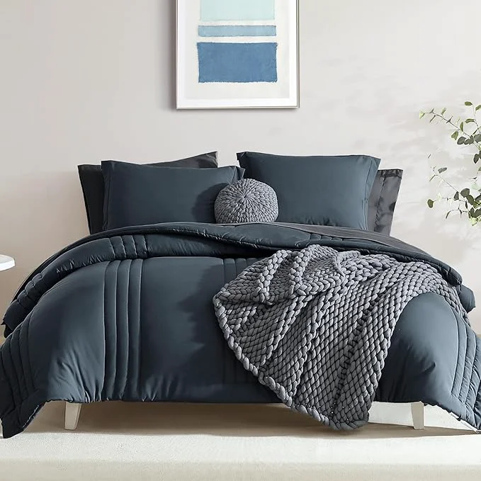 Safe Monbix Oversized King Size Comforter Set - 7 Pieces Blue Gray Bed in a Bag Oversized King Bedding Sets with Comforter All Seasons Comforter Bed Set with Sheets Pillowcases amp Shams Natural