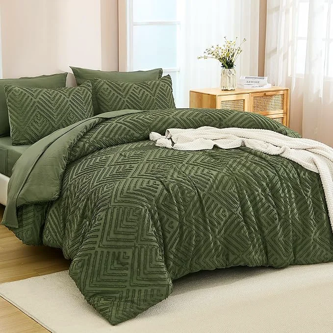 Trusted Andency Super King Comforter Set Olive Green - 7 Piece Oversized King Bed in a Bag Olive Green Bedding Sets Boho Tufted Bed Set with Comforter Sheets Pillowcases amp Shams Refined