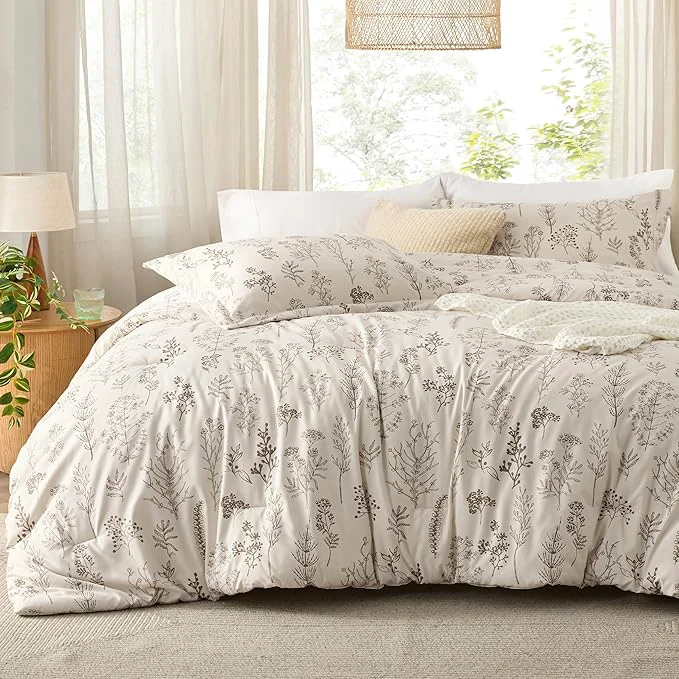 Lightweight Bedsure Twin Twin XL Comforter Set - Beige Bed Set 2 Pieces Cute Floral Bedding 1 Soft Botanical Flowers Comforter and 1 Pillow Shams Fashionable